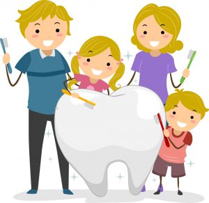 Illustration of Stickman Family holding a Toothbrush cleaning a Big Tooth